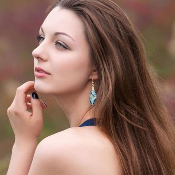 18K Yellow Gold with Natural Imperial Blue Jasper Stone Dangling Hook Earrings - Picture 5 of 6